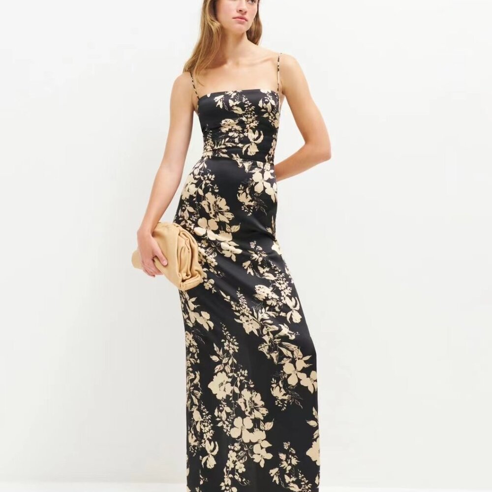 Reformation Frankie Silk Dress in Black Motif 🌼 Spring Sale 🌼